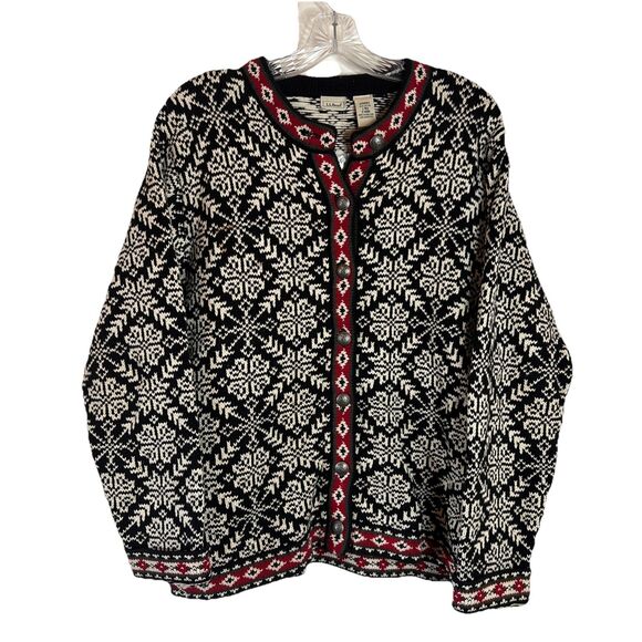 NWOT LL Bean Vintage Nordic Sweater Cardigan Snowflake Fair Isle Cotton Sz L - Picture 1 of 9
